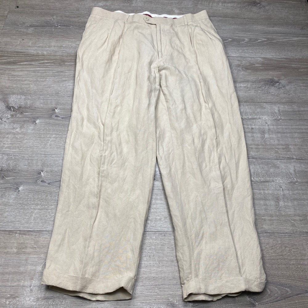 Louis Raphael Pants Mens 38 Beige Linen Blend Pleated Cuffed Summer Beach Wide